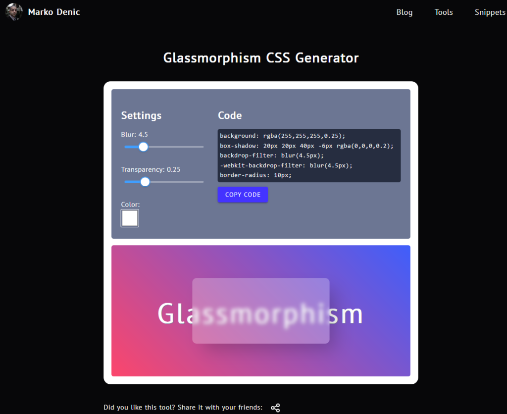 Glassmorphism CSS Generator 